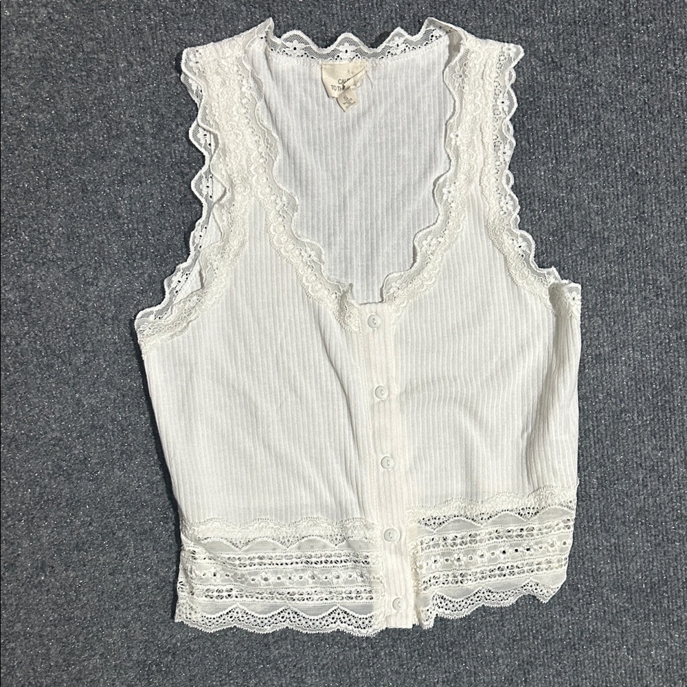 Caution To The Wind Cream Ribbed Lace-Trim Button Tank